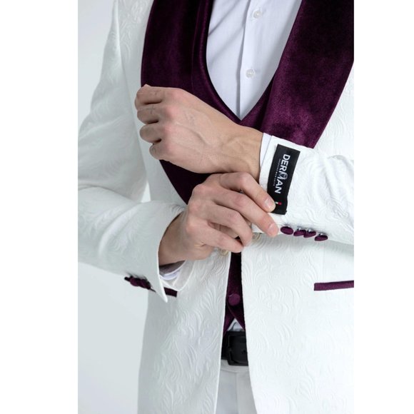 Derman Burgundy Luxury Floral Textured Velvet Collar 3 Piece Tuxedo - Picture 4 of 7